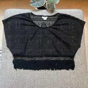 ✨ Y2K Vintage Circa 2005 Black Crochet Crop Top with Fringe